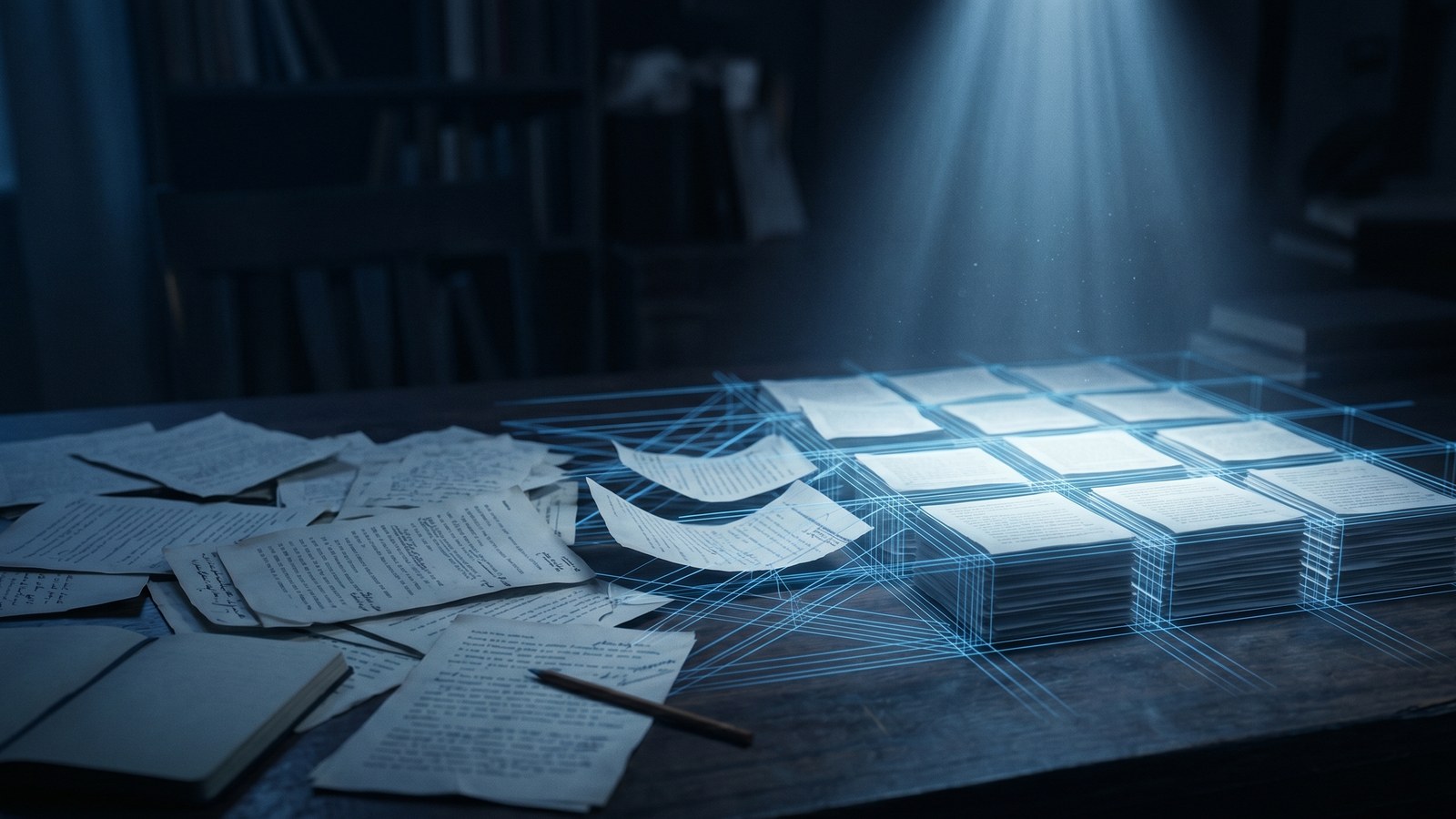 Scattered manuscript pages on a dark desk drawn into a precise, glowing blue grid under a single shaft of cool light.
