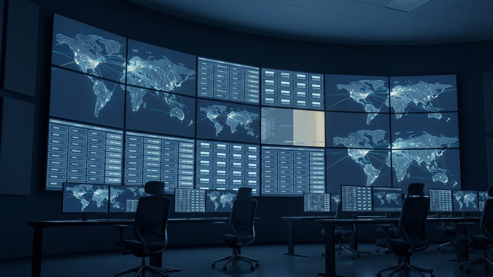 A dark network operations center at night, monitors glowing with status dashboards.