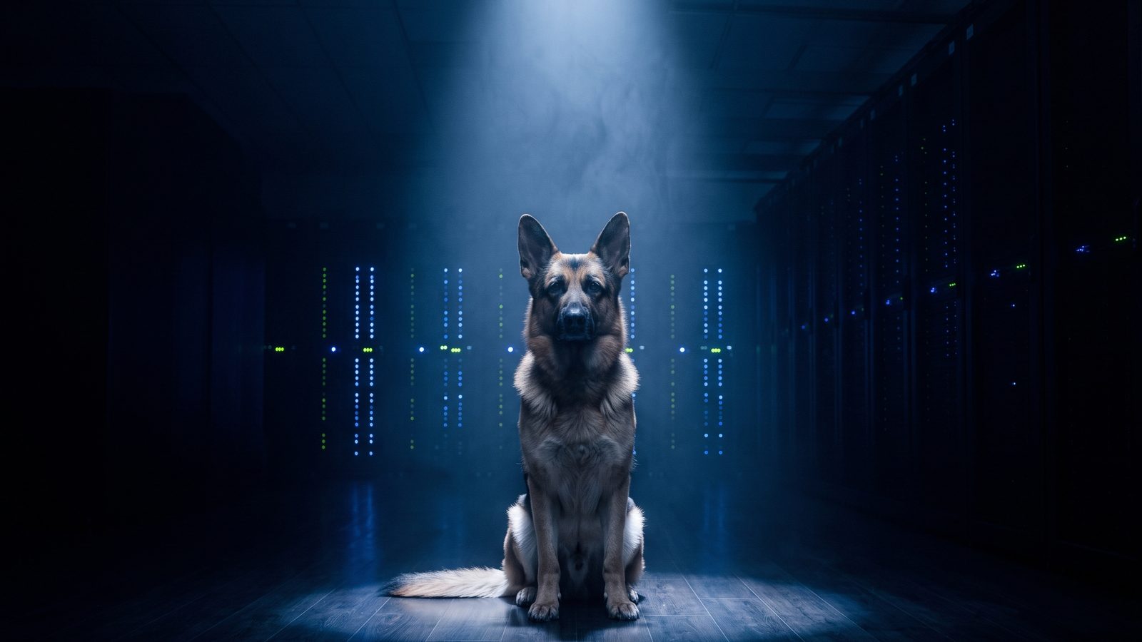 A German Shepherd sitting calmly under a cold blue spotlight in a dark server room